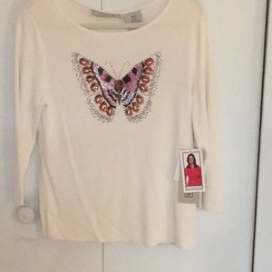 Lucia Burns embellished white knit top.